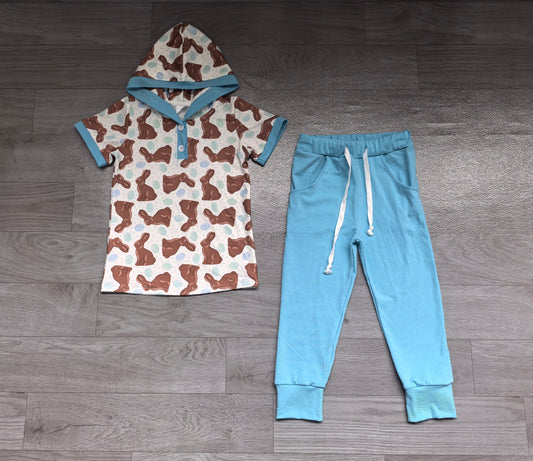 10.9 BSPO0735 Preorder Bunny Eggs Hoodie Top Blue Pockets Pants Boys Easter Clothes Set