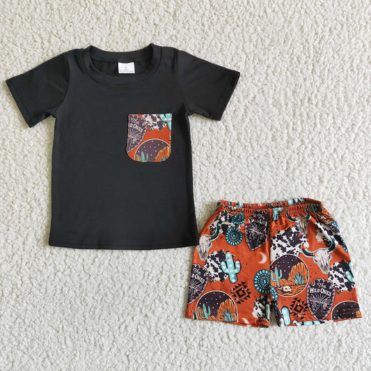 BSSO0014 Black Pocket Top Aztec Shorts Boys Summer Outfits