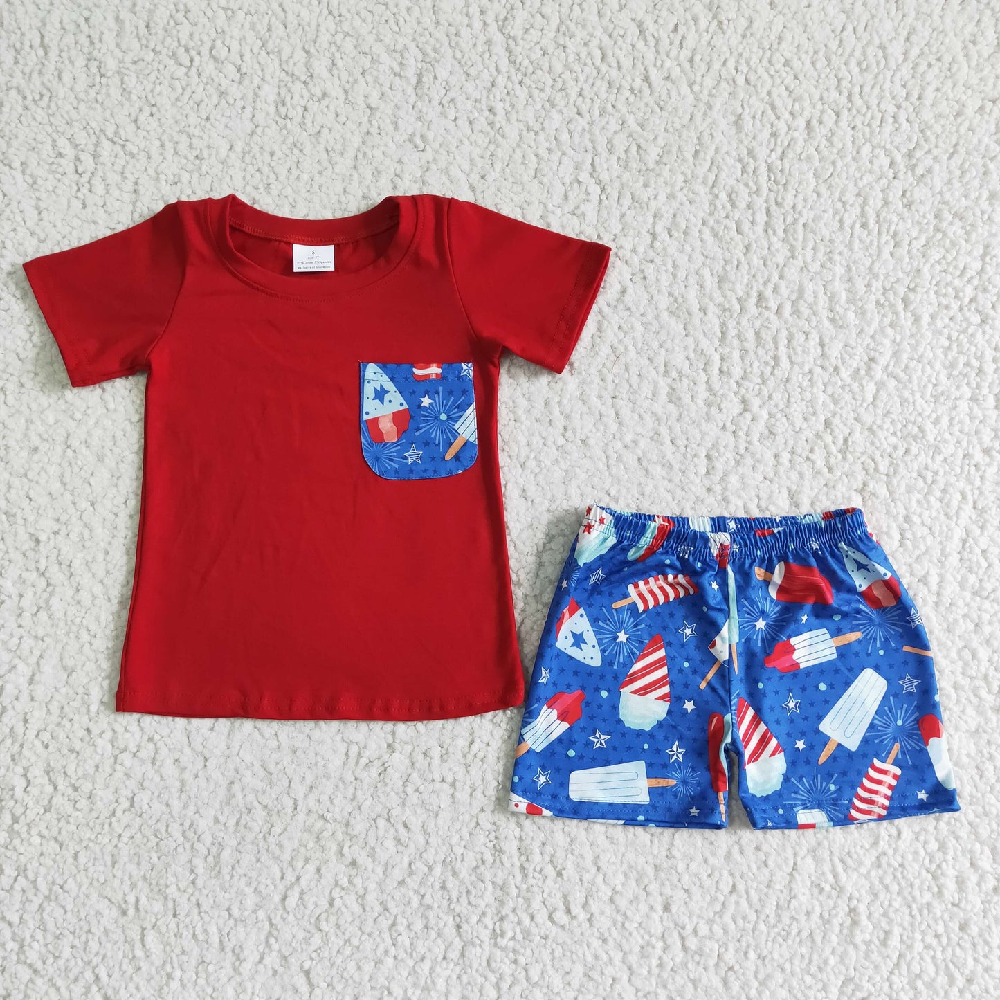 BSSO0025 Red Pocket Top Popsicle Stars Shorts Boys 4th of July Clothes Set