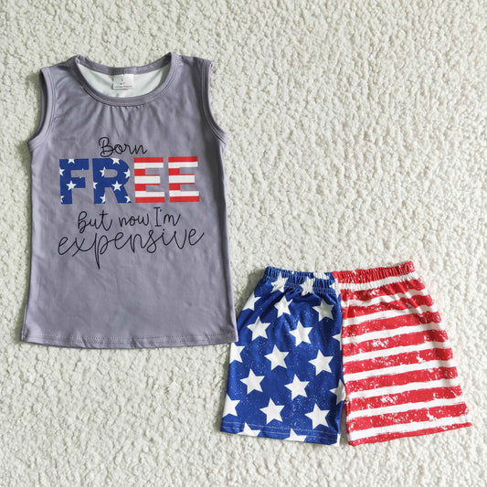 (Promotion)BSSO0036 FREE Grey Top Stars Stripes Shorts Boys 4th of July Clothes Set