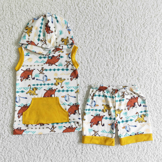 (Promotion)BSSO0039  Cartoon Lion Hoodie Top Shorts Boys Summer Clothes Set