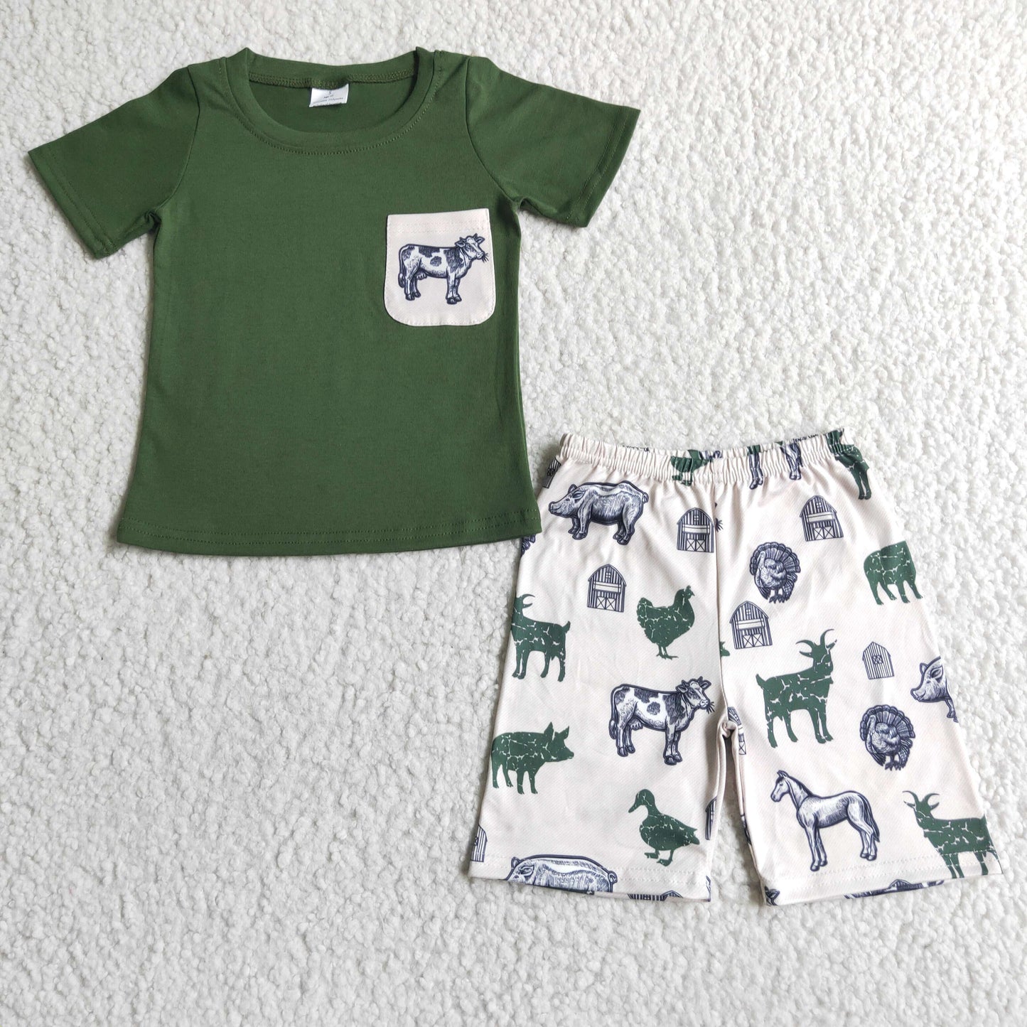 (Promotion)Green Pocket Top Farm Animals Shorts Boy Summer Outfits   BSSO0046