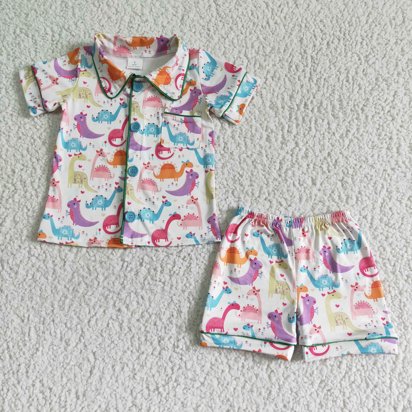 (Promotion)BSSO0052 Colorful Dino Print Girls Summer Button Pajamas Outfits