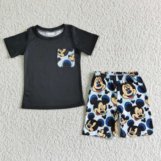 (Promotion)BSSO0053 Black Pocket Top Cartoon Mouse Shorts Boys Summer Outfits