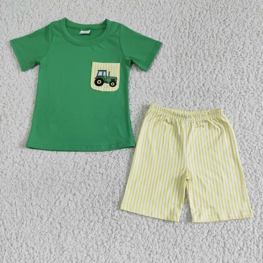 BSSO0058 Green Tractor Pocket Top Yellow Shorts Boys Summer Outfits