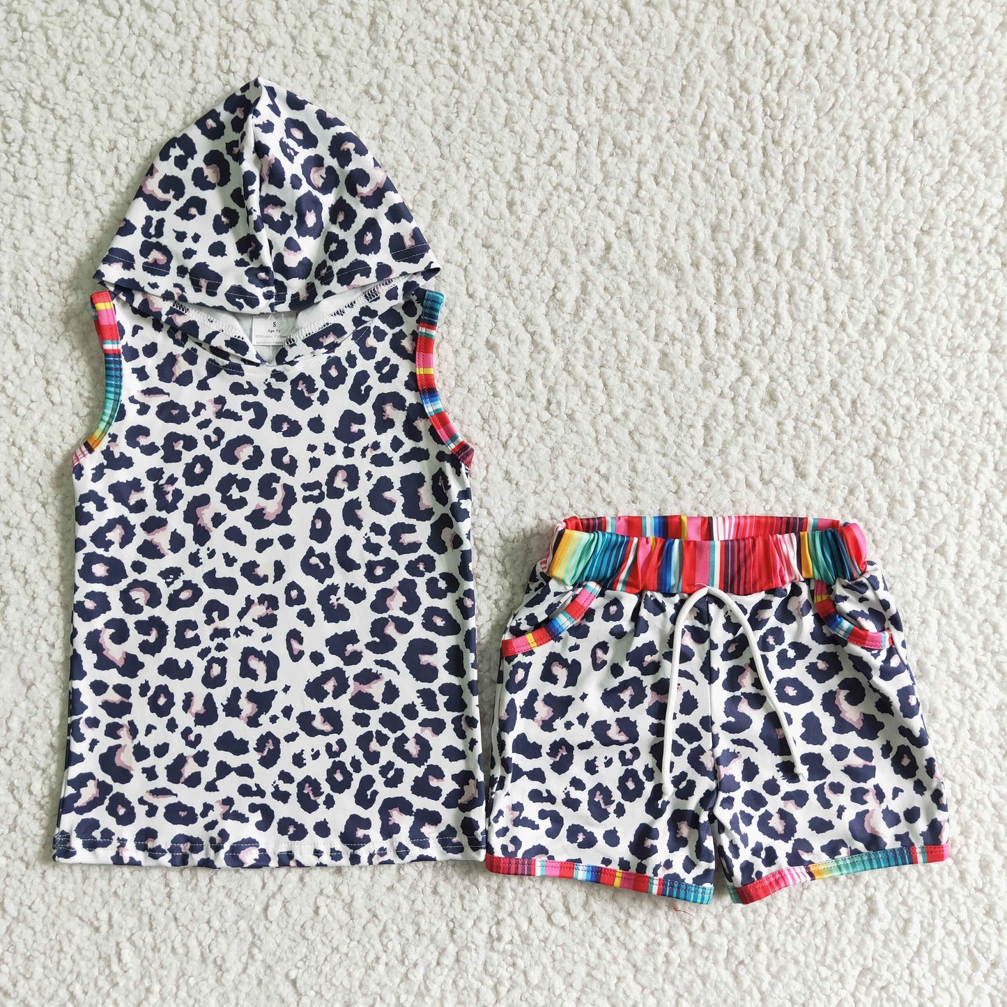 (Promotion)BSSO0060 Leopard Hoodie Top Shorts Kids Summer Outfits