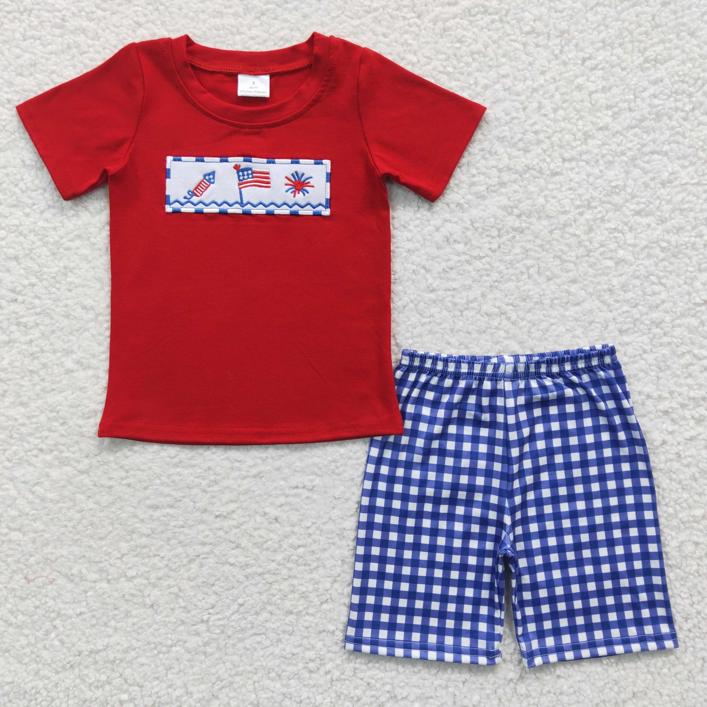 BSSO0176 Flag & Fireworks Embroidery Red Top & Plaid Shorts Boys 4th of July Set