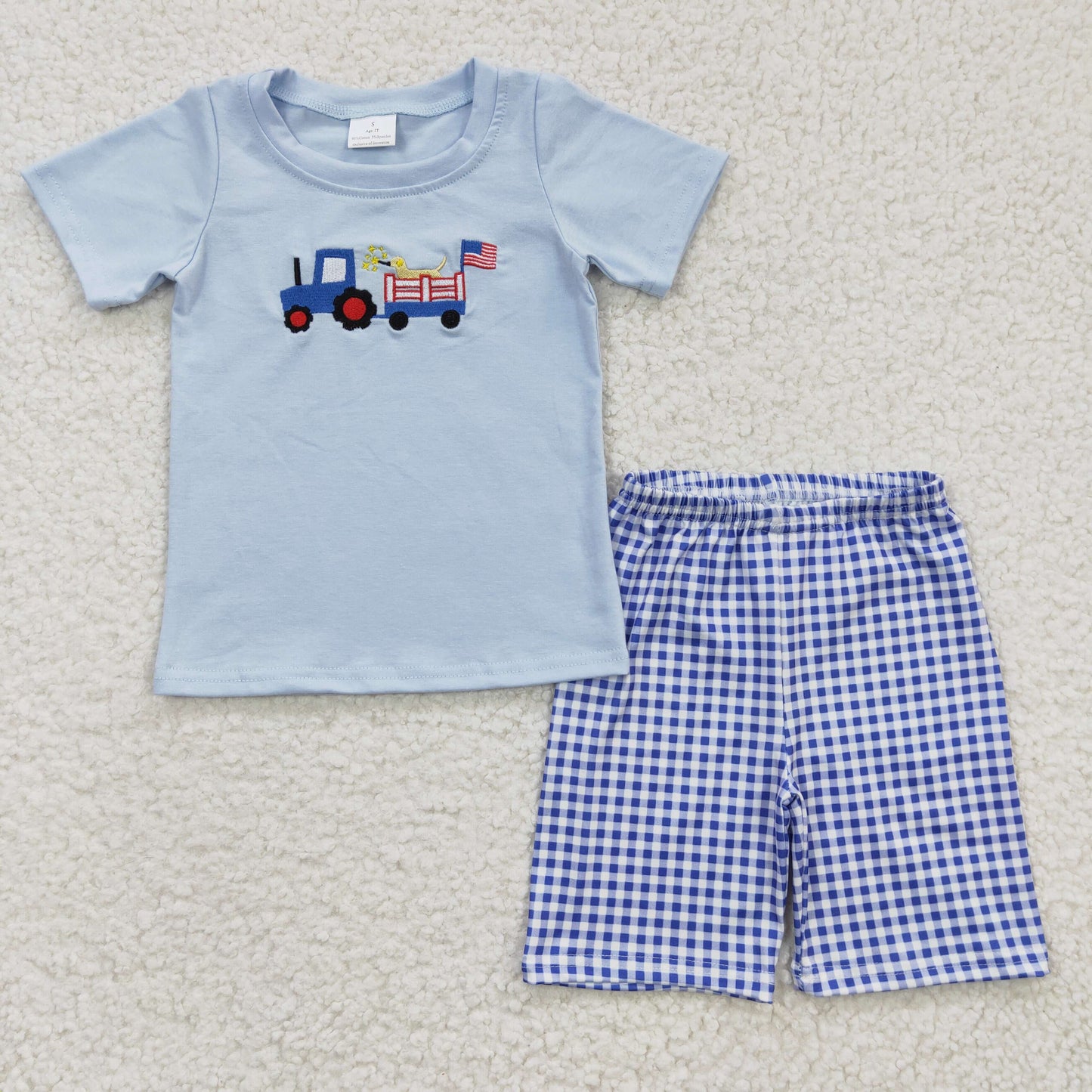 BSSO0195 Trucks Flag Embroidery Blue Top & Plaid Shorts Boys 4th of July Set