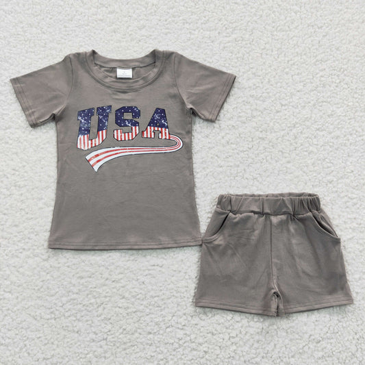 BSSO0202 USA Vinly Grey Cotton Shorts Boys 4th of July Set