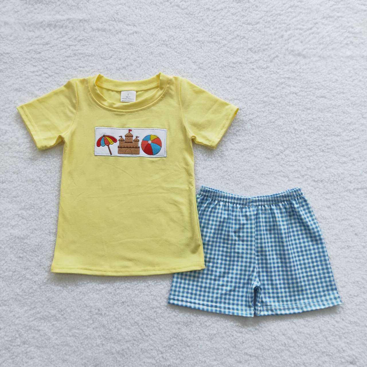 Sibling Umbrella Beach Embroidery Yellow Boys Baby Girls Summer shorts sets