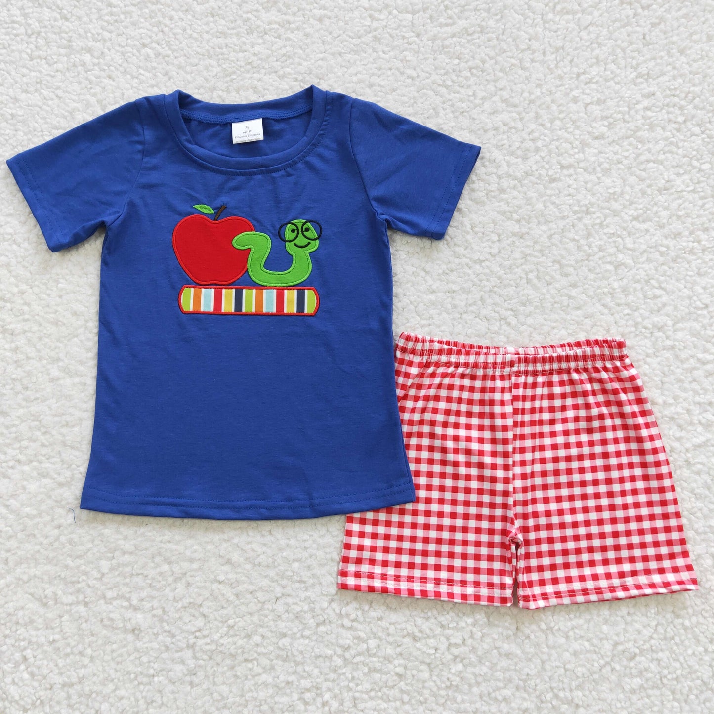 BSSO0254 Apple Book Embroidery Blue Top Plaid Shorts Boys Back to School Clothes Set