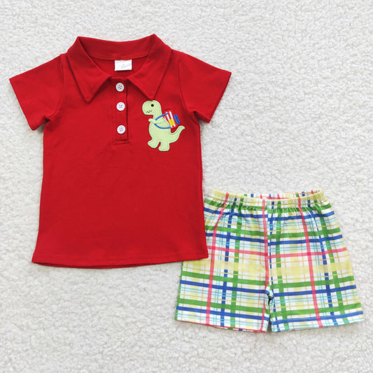 BSSO0255 Dino Embroidery Red Polo Top Plaid Shorts Boys Back to School Clothes Set