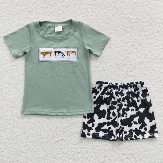 BSSO0264 Cows Embroidery Green Top Shorts Boys Summer Clothes Set