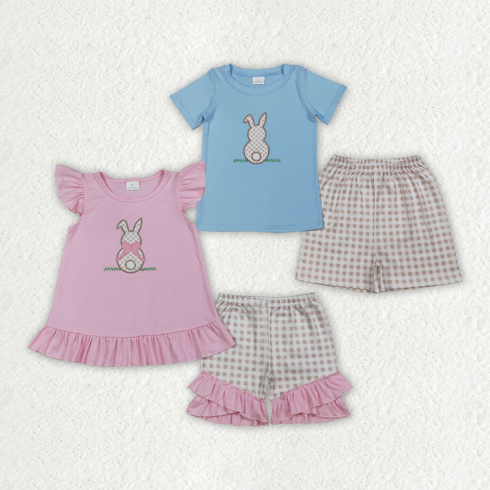 Bunny Embroidery Top Plaid Shorts Girls & Boys Easter Outfits Sibling Matching Styles