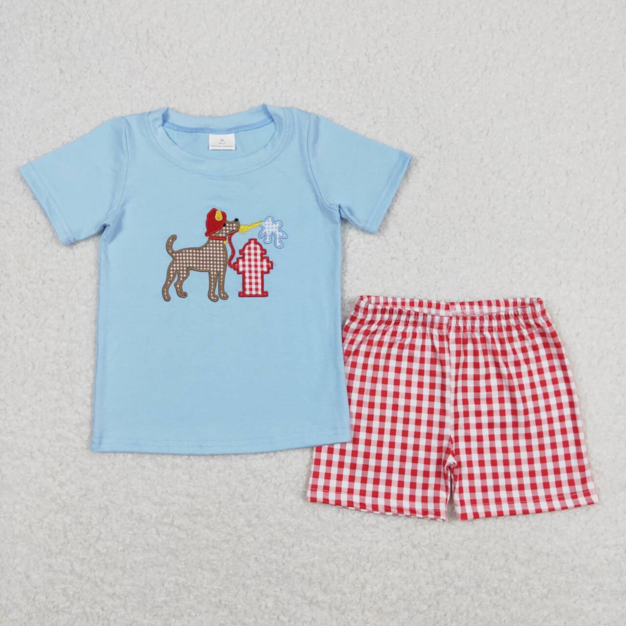 Matching Boys Firefighter Dog Outfit - Sibling Gingham Short Set & Baby Romper