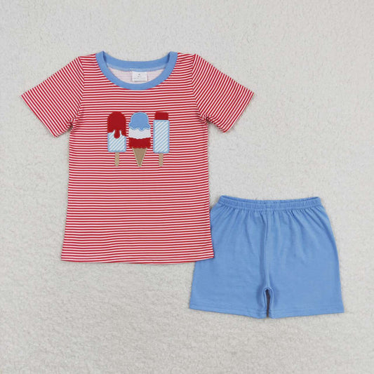 BSSO0576 Popsicle Embroidery Stripes Top Blue Shorts Boys 4th of July Outfits