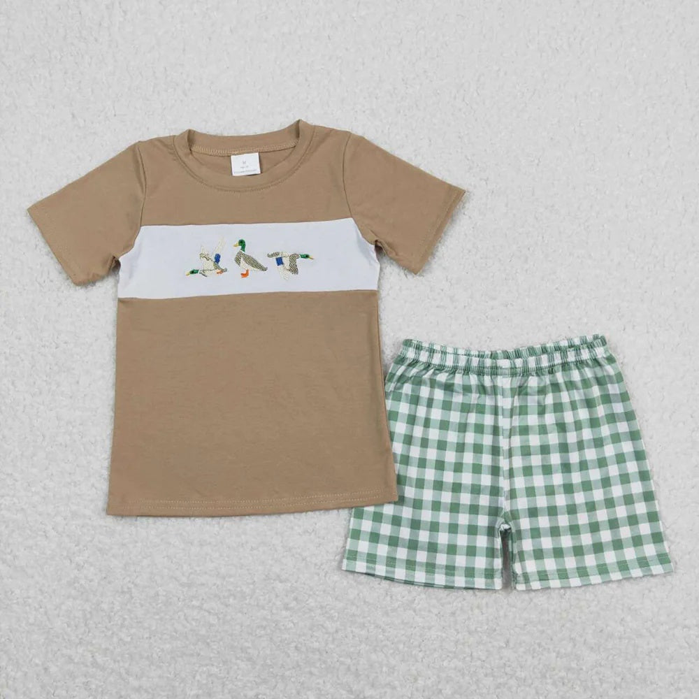 Boys Sibling Ducks Tunic Green Checkered Shorts Rompers Outfits Clothes Sets
