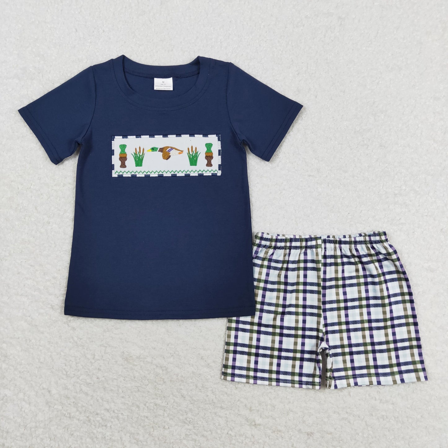 Sibling Baby Boys Embroidery Ducks Calls Top Blue Checked Shorts Hunting Clothes Set Romper