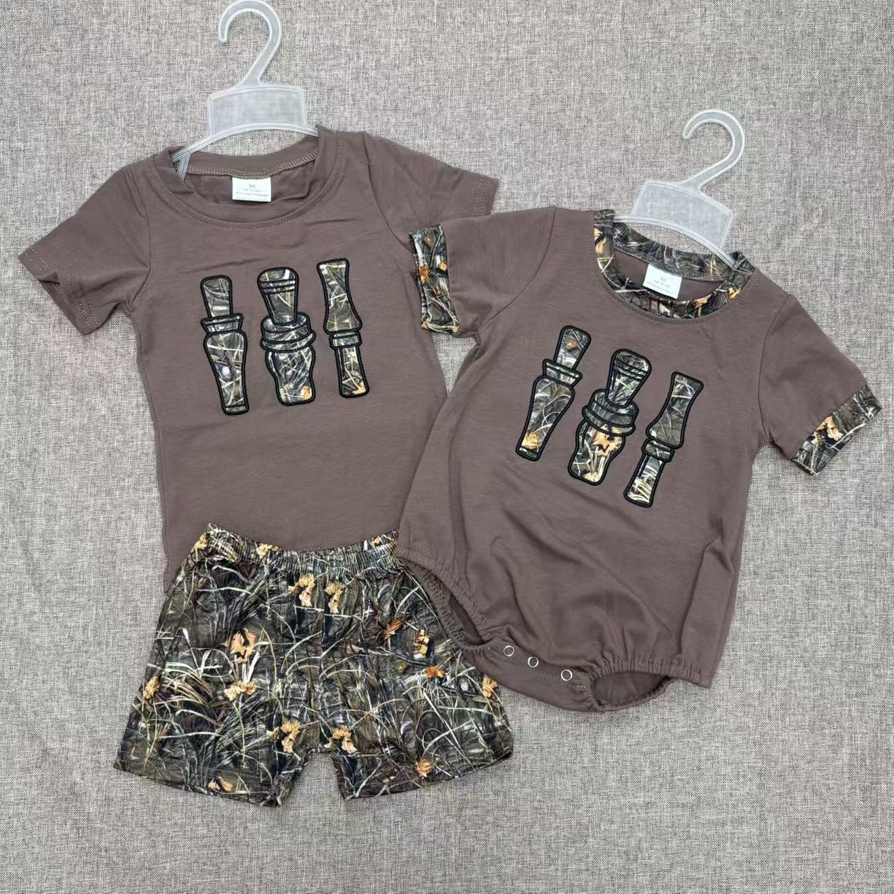 Baby Boys Brown Camo Duck Call Rompers Sibling Brother Clothes Sets