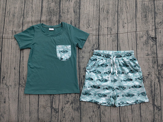 Preorder BSSO0838 Dark Green Fish Short Sleeve & Shorts Set - Boys