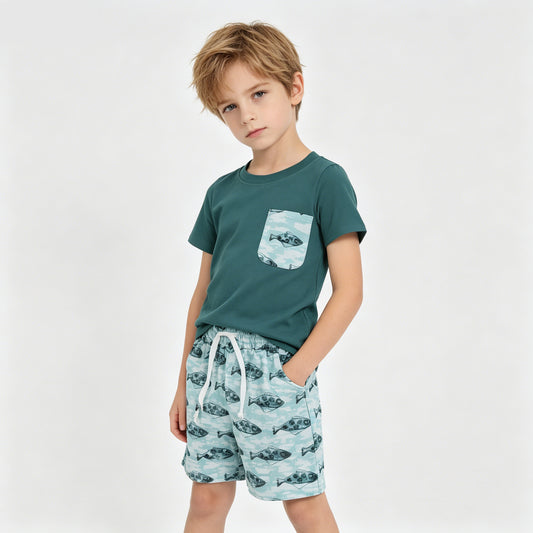 Dark Green Pocket Top Fish Camo Shorts Set - Boys Summer