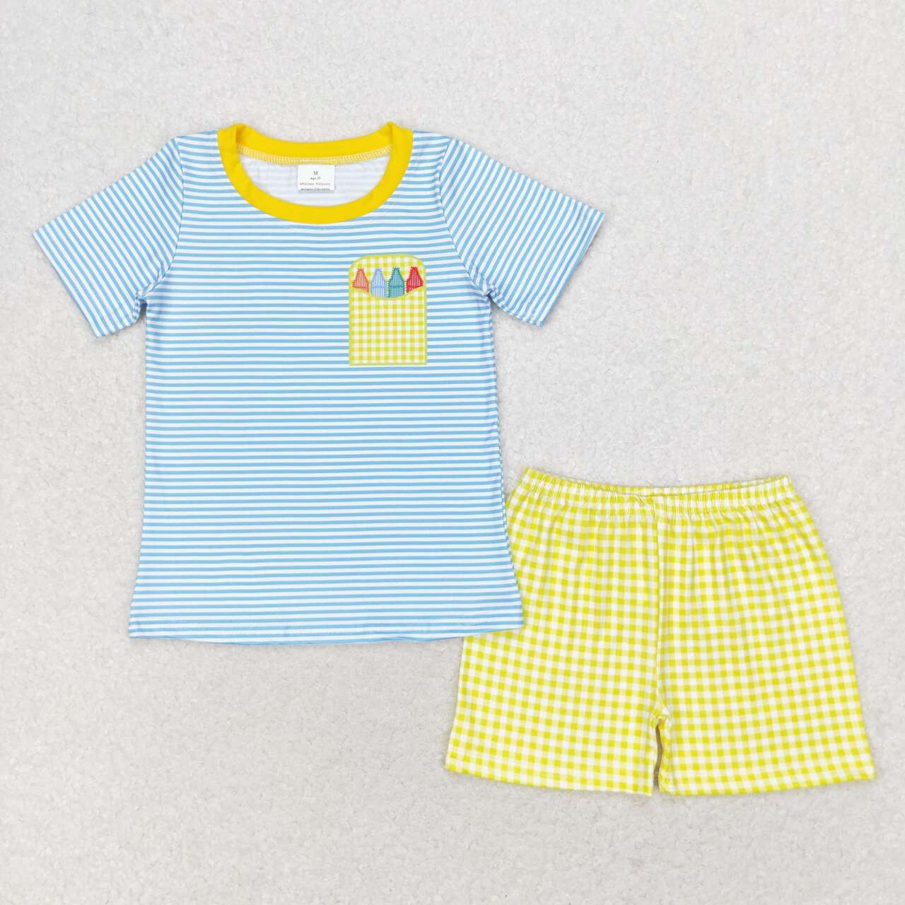 BSSO0983 Pen Blue Stripes Top Plaid Shorts Boys Back to School Clothes Set