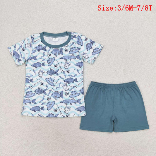 BSSO0994 Fishing Top Blue Shorts Boys Summer Clothes Set