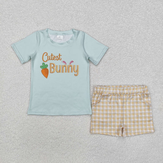 BSSO1073 Cutest Bunny Carrot Top Plaid Shorts Boys Easter Clothes Set