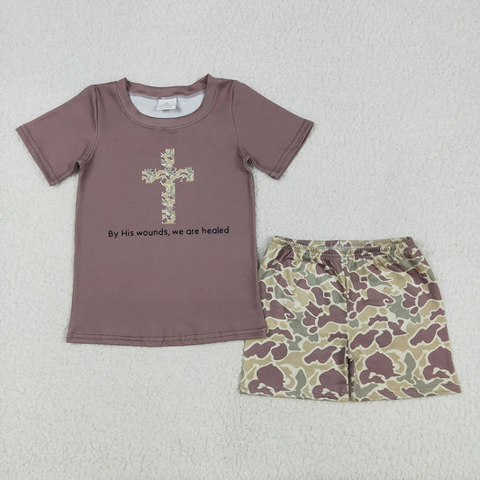 Sibling Baby Boys Brown Cross Camouflage Easter Rompers Outfits