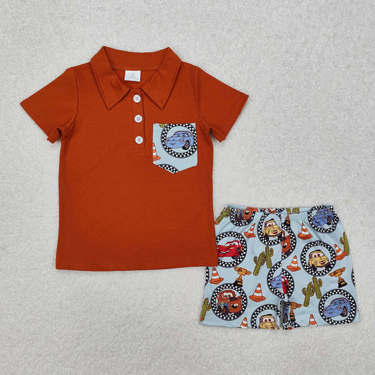 BSSO1210 Red Pocket Polo Top Cartoon Cat Shorts Boys Summer Clothes Set