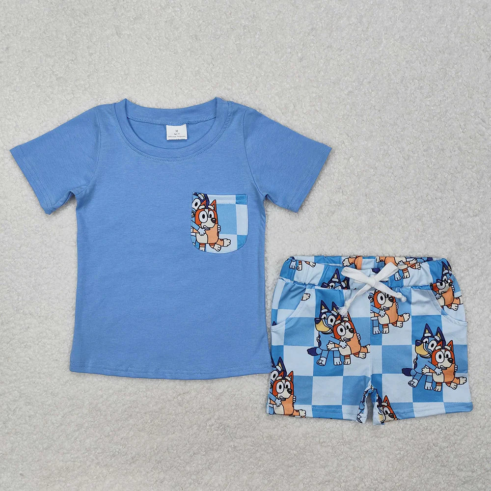 BSSO1211 Blue Pocket Top Cartoon Dog Plaid Shorts Boys Clothes Set