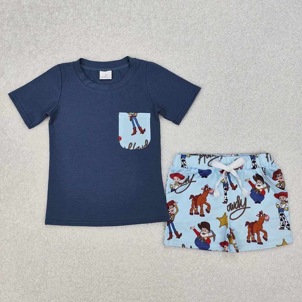 Sibling Baby Boys Summer Cartoon Short Sleeve Pocket T-shirt Top with Shorts Outfit