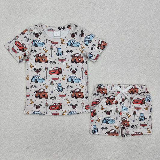 BSSO1233 Cartoon Cars Top Pockets Shorts Boys Summer Clothes Set