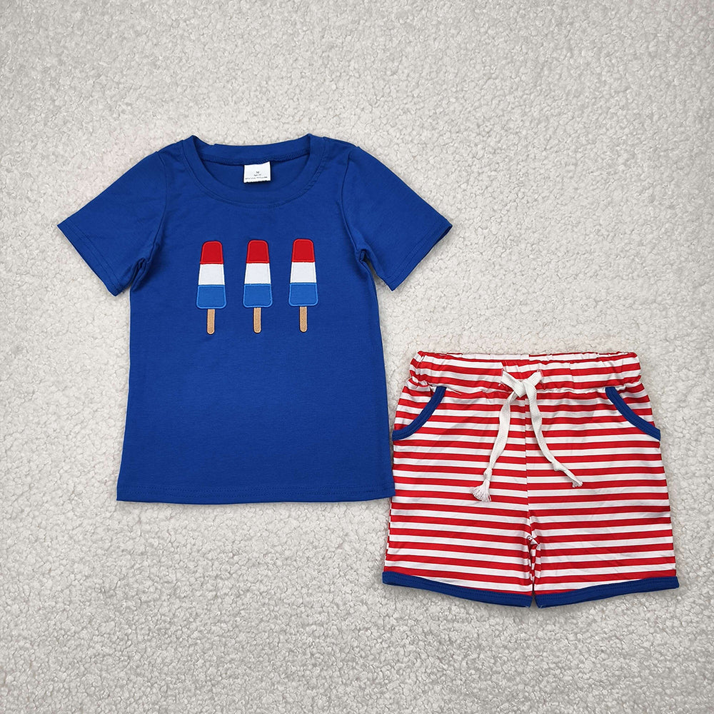 BSSO1250 Popsicle Embroidery Blue Top Red Stripes Shorts Baby Boys 4th of July Clothes Sets