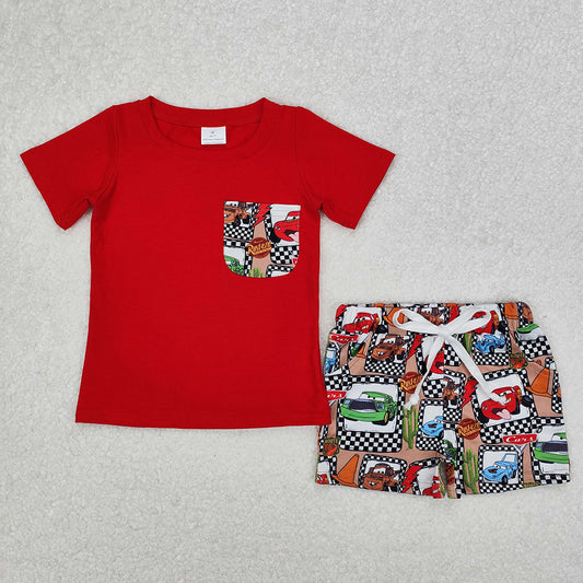 BSSO1256 Red Pocket Polo Top Cartoon Cat Shorts Boys Summer Clothes Set