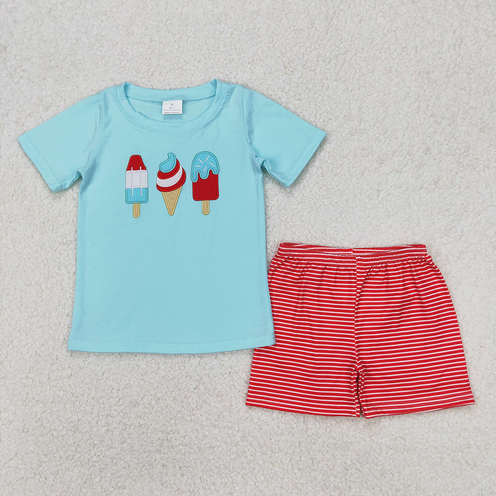 BSSO1269 Popsicle Embroidery Aqua Top Red Stripes Shorts Baby Boys 4th of July Clothes Sets