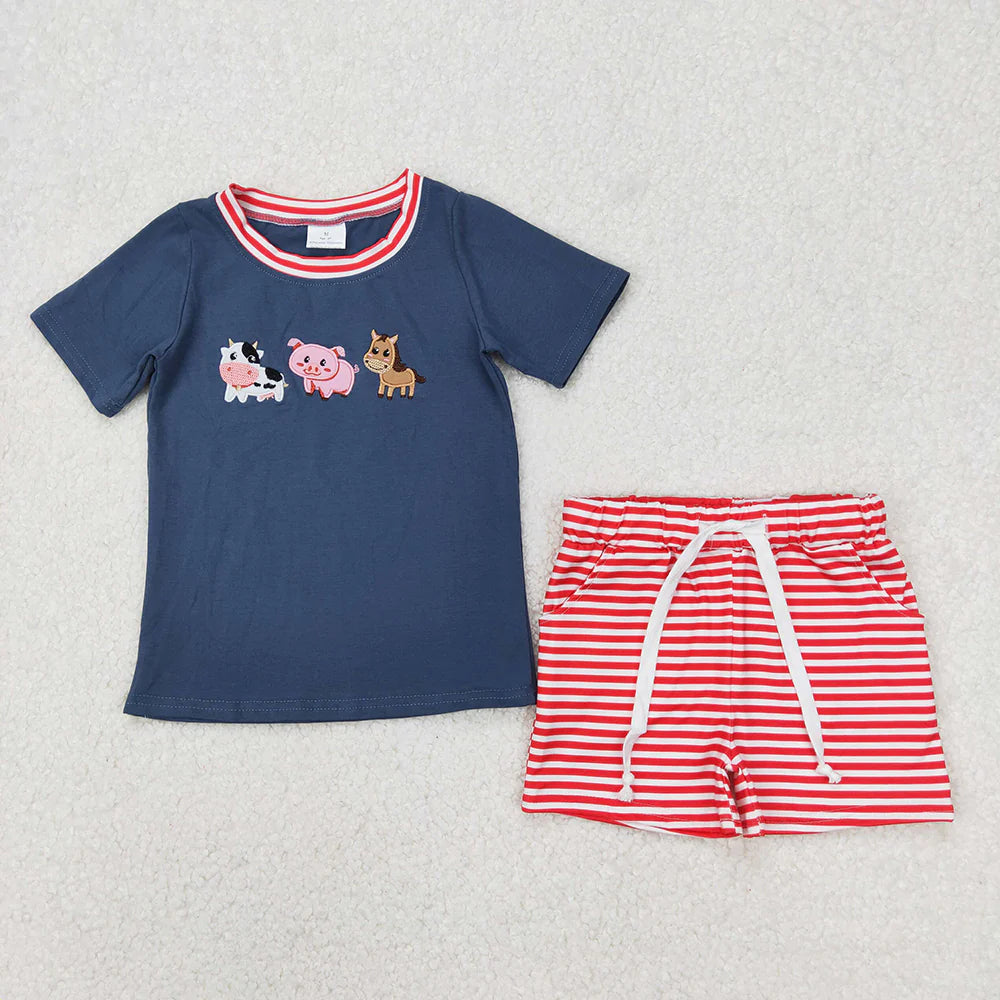 Sibling Embroidery Boys Baby Girls Blue Farm Animals Summer Outfit