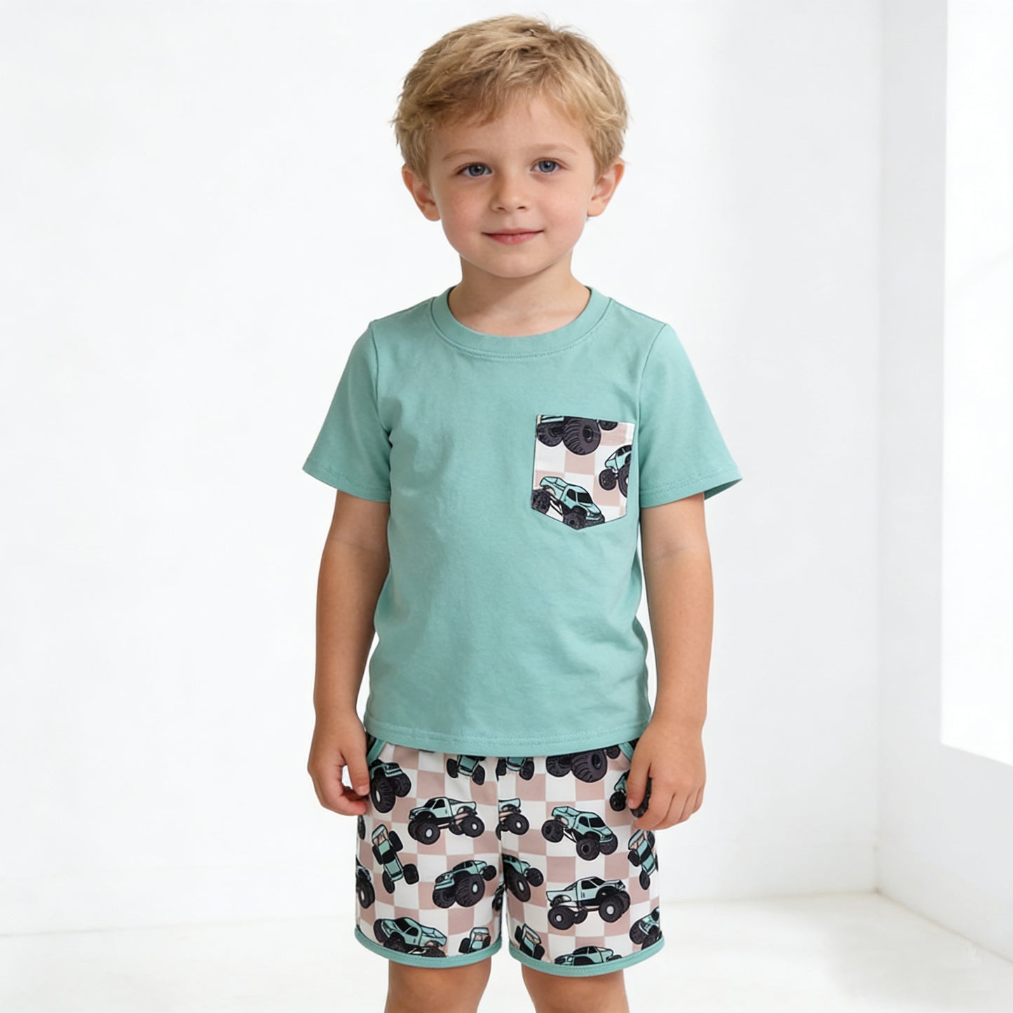 BSSO1316 Blue Pocket Top Monster Trucks Shorts Boys Summer Clothes Set