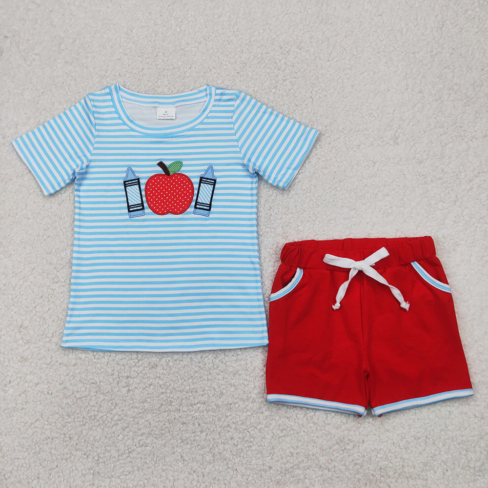 BSSO1328 Apple Pen Embroidery Blue Stripes Top Red Shorts Boys Back to School Clothes Set