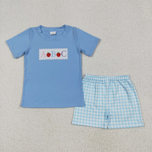 BSSO1331 Apple ABC Embroidery Blue Top Plaid Shorts Boys Back to School Clothes Set