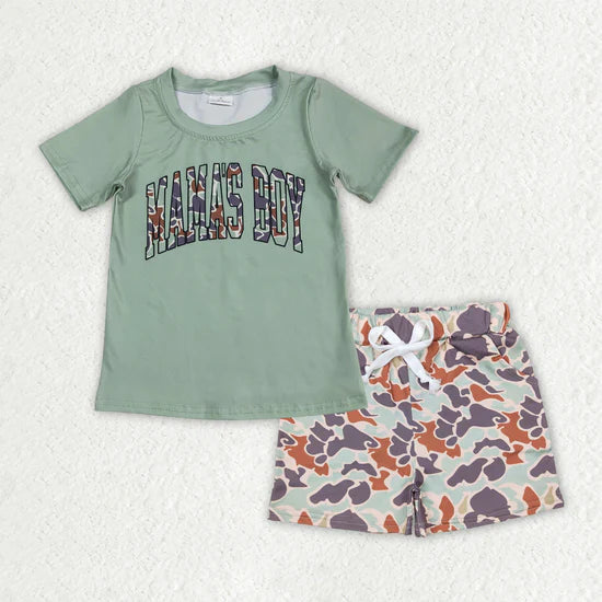 BSSO1344 Baby Boys Green Camo Mama's Boy Top Pockets Shorts Set