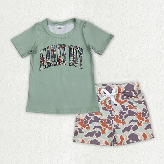 BSSO1344 Baby Boys Green Camo Mama's Boy Top Pockets Shorts Set