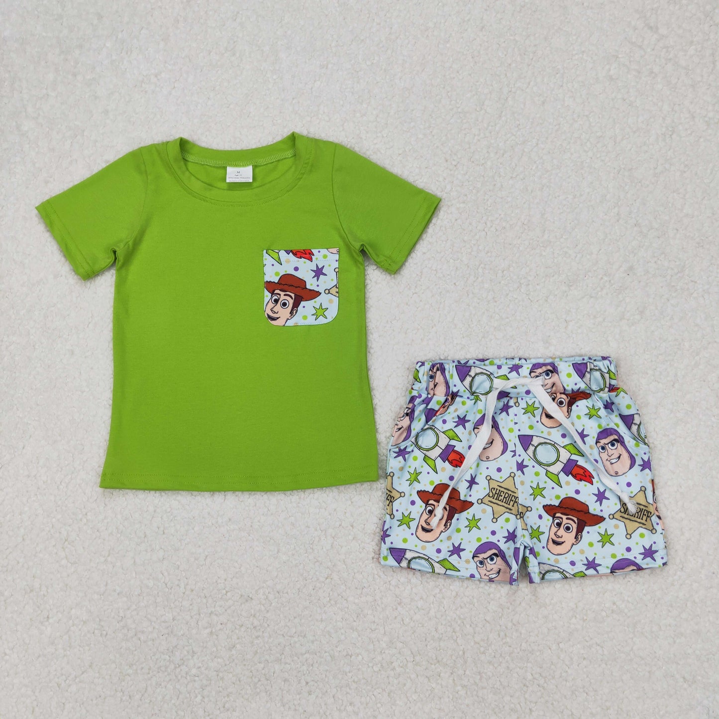 Matching Sibling Summer Cartoon Toy Outfit Green Short Sleeve Top with Shorts Set +Dress