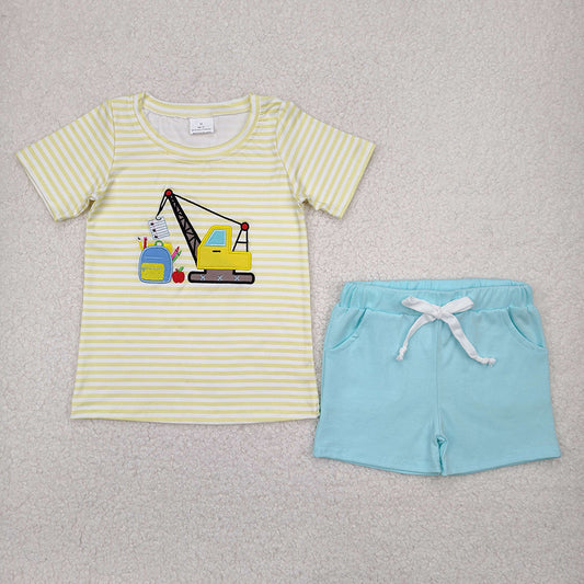 BSSO1417 Crane Schoolbag Apple Embroidery Stripes Top Blue Shorts Boys Back to School Clothes Set