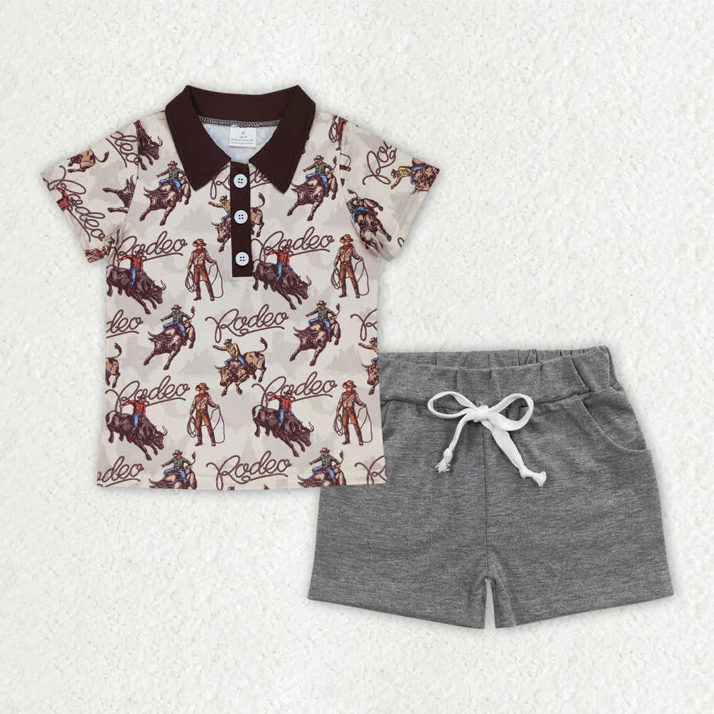 Sibling Baby Boys Ducks Fishing Print Button Polo Shirts Pockets Short Western Set
