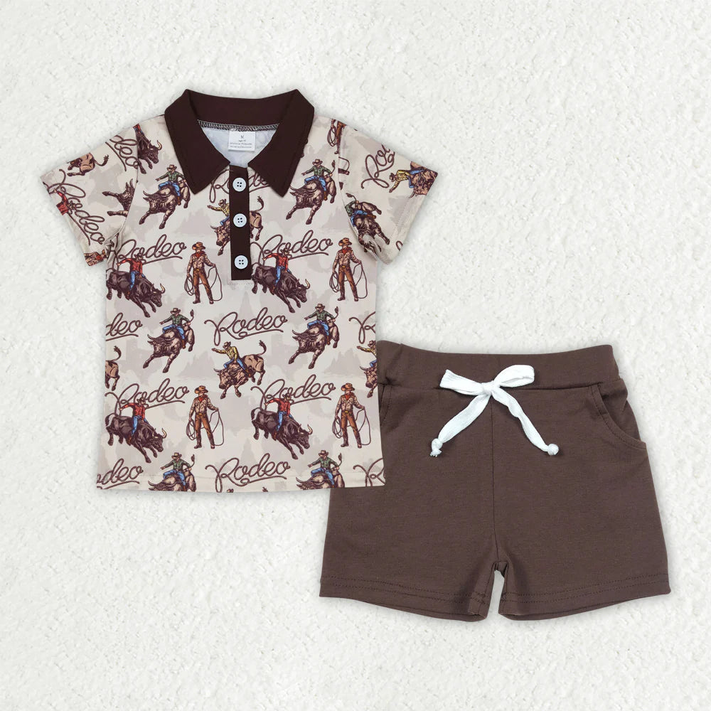 Sibling Baby Boys Ducks Fishing Print Button Polo Shirts Pockets Short Western Set