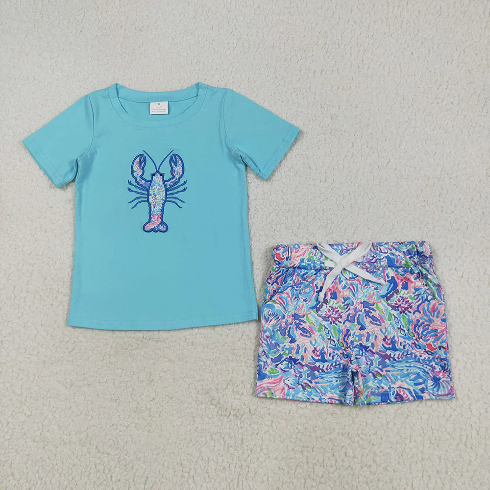 Sibling Embroidery Baby Boys Girls Floeal Crayfish Sumoer Clothes Sets Dress Rompers