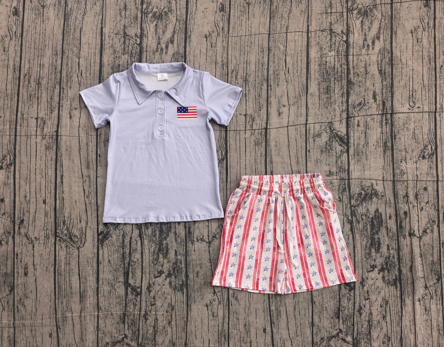 BSSO1480 Preorder Flag Polo Top Stars Stripes Shorts Boys 4th of July Clothes Set