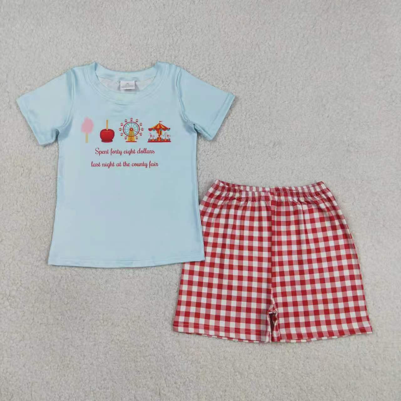 County Fair Blue Top Red Plaid Shorts Kids Summer Clothes Sibling Matching Styles