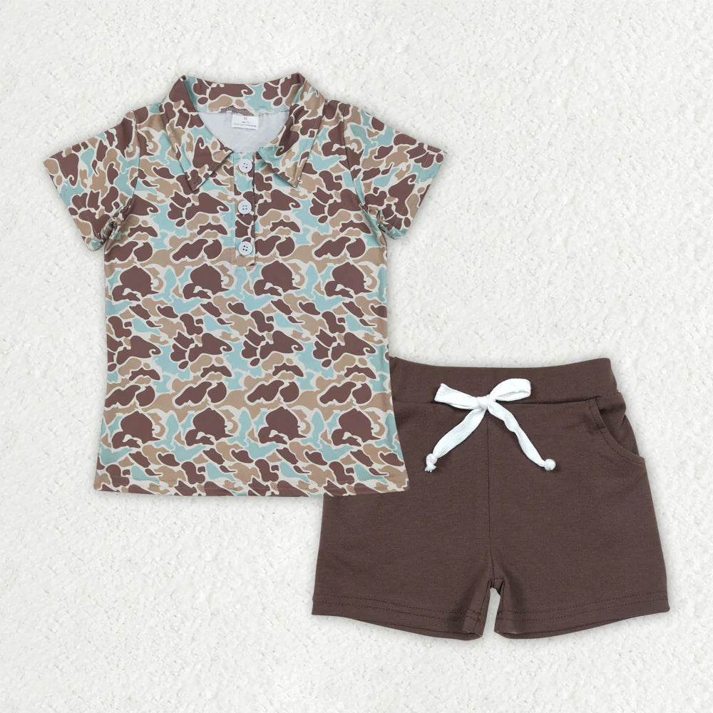 Sibling Baby Boys Camo Dog Print Button Shirts Pockets Short Outfit